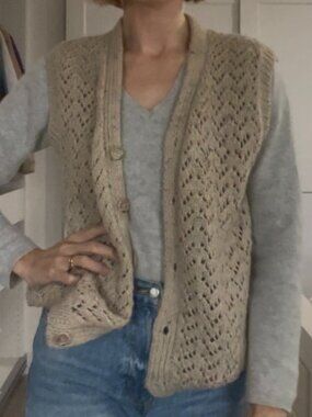 Handmade Oatmeal Tweed Knit Sweater Vest Button Front Cottagecore Grandpa